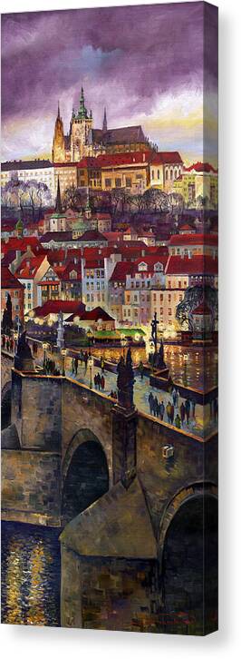 Prague Canvas Print featuring the painting Prague Charles Bridge with the Prague Castle by Yuriy Shevchuk