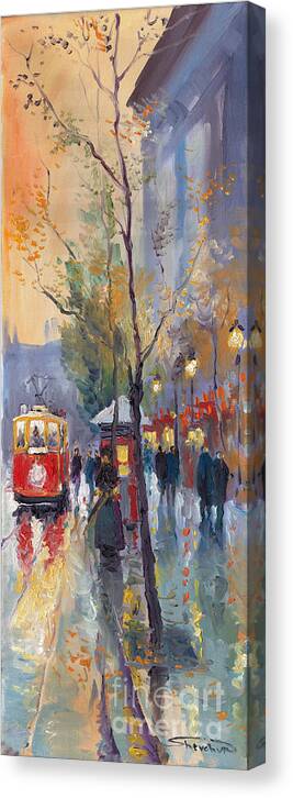 Prague Canvas Print featuring the painting Prague Old Tram Vaclavske Square by Yuriy Shevchuk