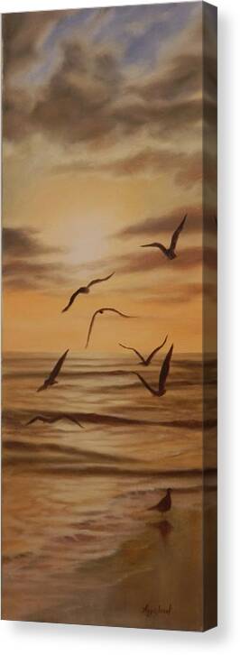 Art Canvas Print featuring the painting Seagulls at sunset by Ageliki Alexandridou