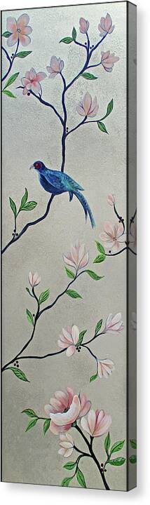 Peacock Peacocks Bird Birds Pattern Patterns Flowers Pink Green Leaf Leafy Leaves Vine Vines Ivy Plant Plants Fabric Fabrics Design Chinoiserie Panels Groupings Pheasant Flower Magnolia Golden Pheasant Butterfly Transitional Cardinal Red Bird Blue Bird Jay Peach Green Humming Bird And Blue Jay Canvas Print featuring the painting Chinoiserie - Magnolias and Birds #4 by Shadia Derbyshire