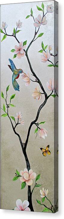 Peacock Peacocks Bird Birds Pattern Patterns Flowers Pink Green Leaf Leafy Leaves Vine Vines Ivy Plant Plants Fabric Fabrics Design Chinoiserie Panels Groupings Pheasant Flower Magnolia Golden Pheasant Butterfly Transitional Cardinal Red Bird Blue Bird Jay Peach Green Humming Bird And Blue Jay Canvas Print featuring the painting Chinoiserie - Magnolias and Birds #5 by Shadia Derbyshire