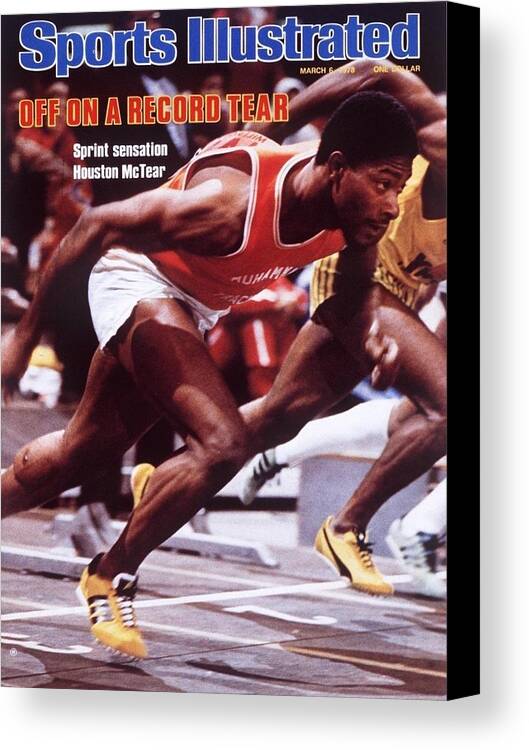 Magazine Cover Canvas Print featuring the photograph Muhammad Ali Track Club Houston Mctear, 1978 Millrose Games Sports Illustrated Cover by Sports Illustrated