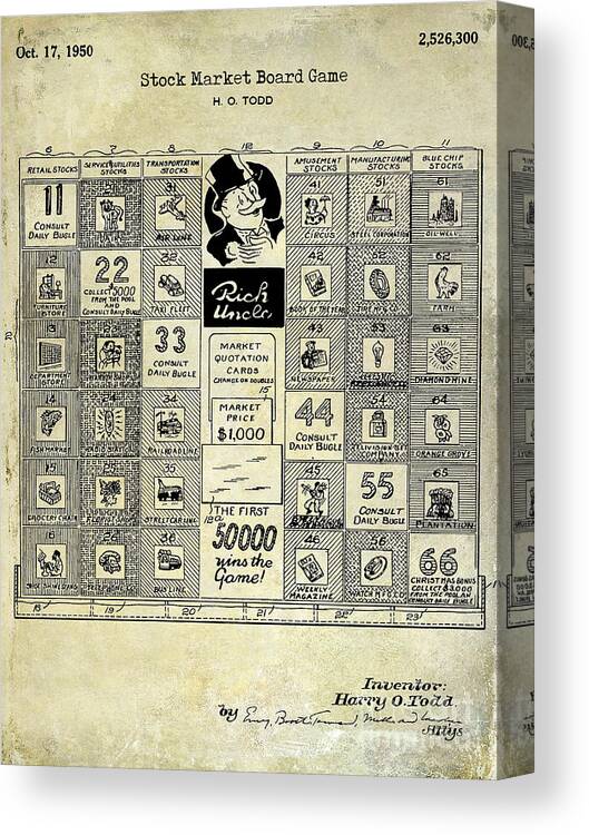 Monopoly Patent Canvas Print featuring the photograph 1950 Stock Market Game Patent Drawing Blue by Jon Neidert