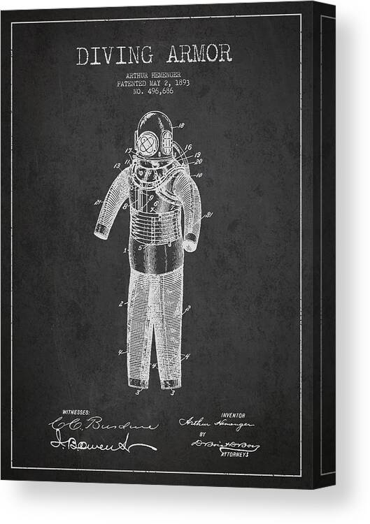 Diving Suit Canvas Print featuring the digital art Diving Armor Patent Drawing from 1893 #3 by Aged Pixel
