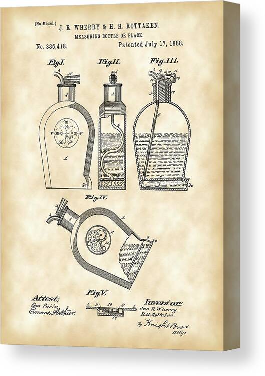 Flask Canvas Print featuring the digital art Flask Patent 1888 - Vintage by Stephen Younts