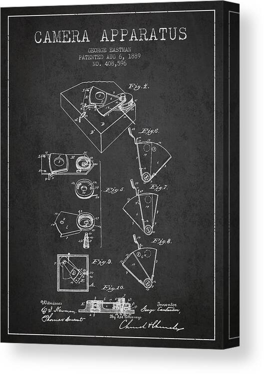 Camera Canvas Print featuring the digital art George Eastman Camera Apparatus patent from 1889 - Dark #1 by Aged Pixel