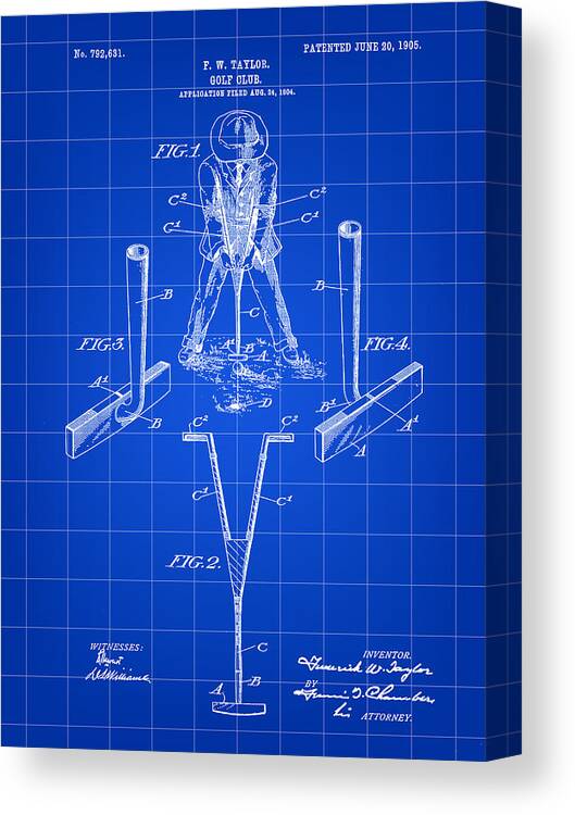 Golf Canvas Print featuring the digital art Golf Club Patent 1904 - Blue by Stephen Younts