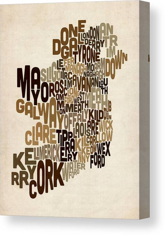 Ireland Map Canvas Print featuring the digital art Ireland Eire County Text Map #1 by Michael Tompsett