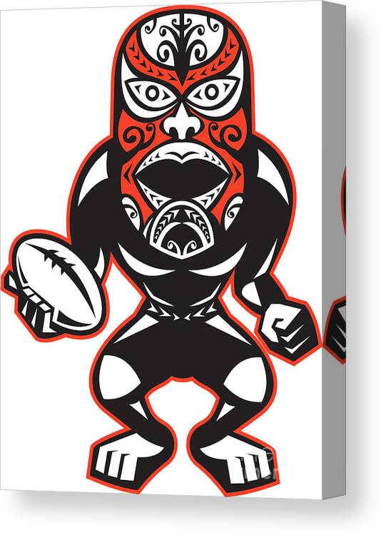 Maori Canvas Print featuring the digital art Maori Mask Rugby Player standing With Ball #1 by Aloysius Patrimonio