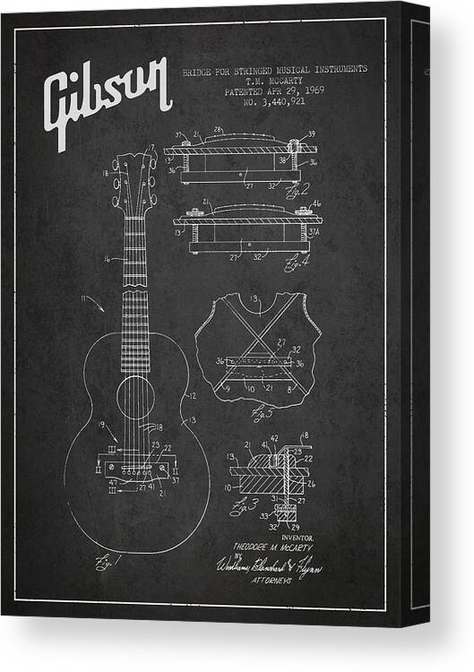 Gibson Canvas Print featuring the digital art Mccarty Gibson stringed instrument patent Drawing from 1969 - Dark by Aged Pixel