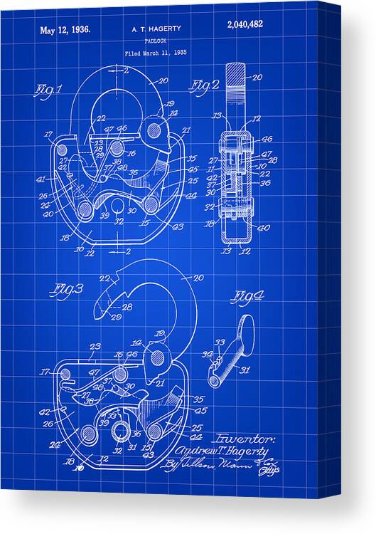 Padlock Canvas Print featuring the digital art Padlock Patent 1935 - Blue by Stephen Younts