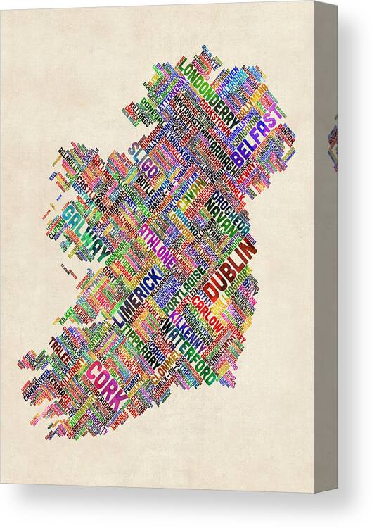 Ireland Map Canvas Print featuring the digital art Ireland Eire City Text Map by Michael Tompsett