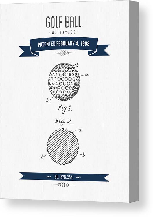 Golf Canvas Print featuring the digital art 1908 Taylor Golf Ball Patent Drawing - Retro navy Blue by Aged Pixel