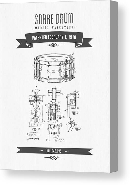 Snare Drum Canvas Print featuring the digital art 1910 Snare Drum Patent Drawing by Aged Pixel