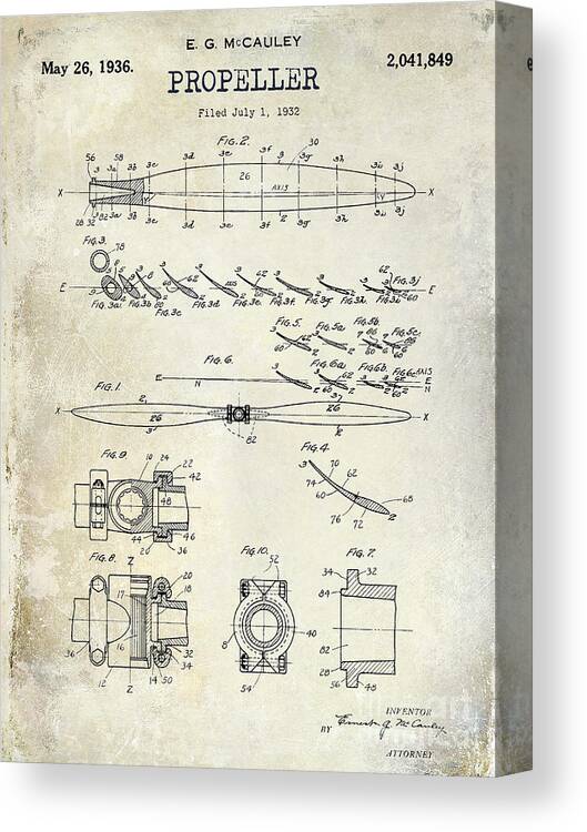 Patent Canvas Print featuring the photograph 1936 Propeller Patent Drawing by Jon Neidert