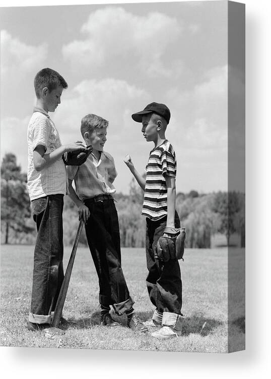 Photography Canvas Print featuring the photograph 1950s Boys Baseball Threesome One by Vintage Images