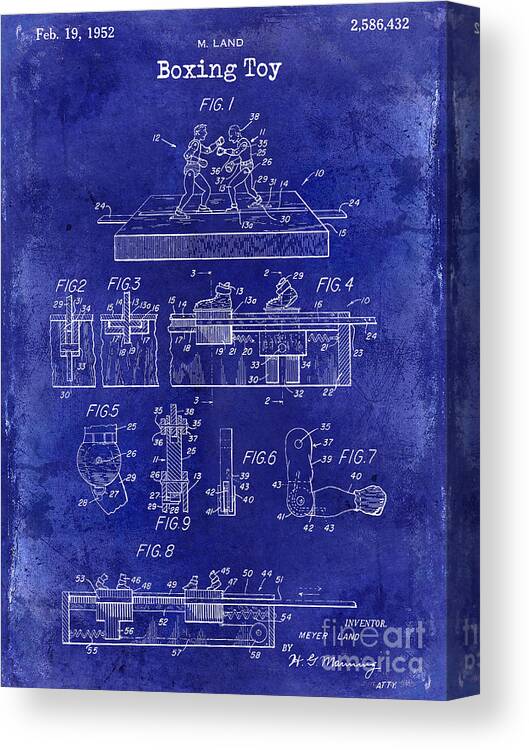 Boxing Canvas Print featuring the photograph 1952 Boxing Toy Patent Drawing Blue by Jon Neidert