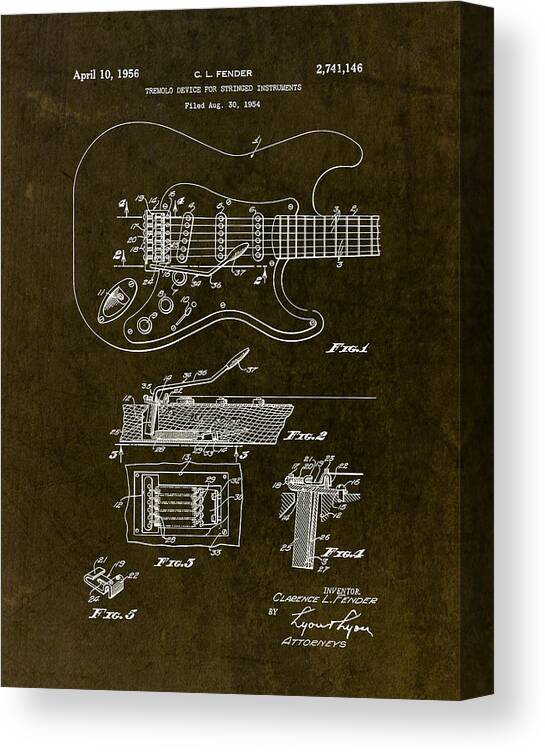 Fender Canvas Print featuring the drawing 1956 Fender Tremolo Patent Drawing II by Gary Bodnar