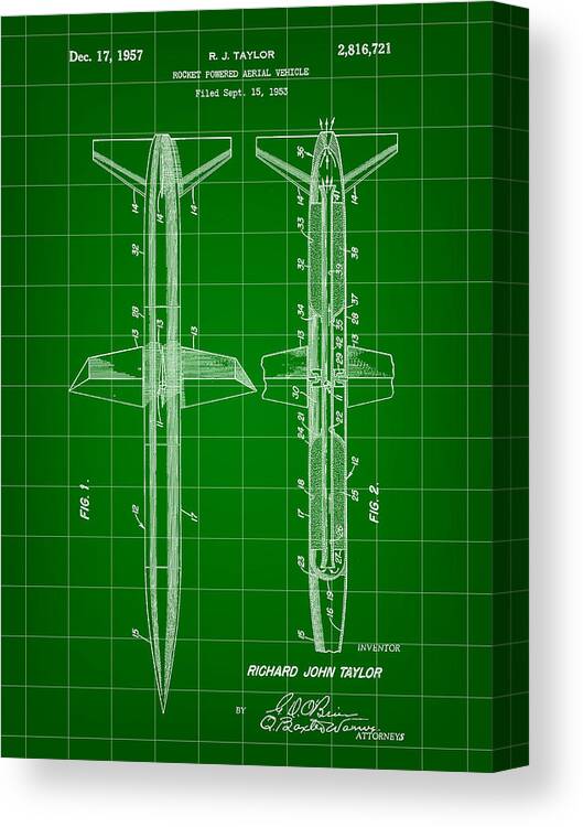 Rocket Canvas Print featuring the digital art Rocket Patent 1953 - Green by Stephen Younts
