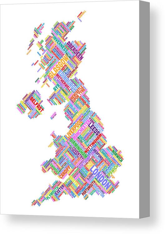 United Kingdom Canvas Print featuring the digital art Great Britain UK City Text Map #27 by Michael Tompsett