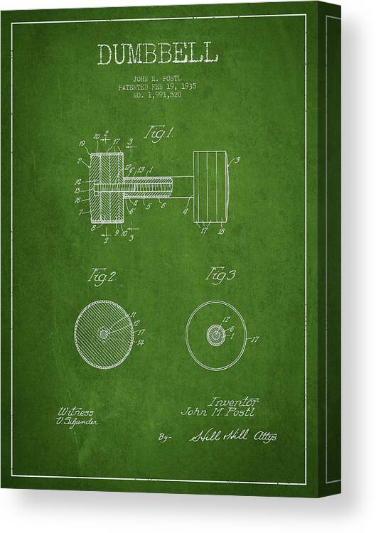 Dumbbell Canvas Print featuring the digital art Dumbbell Patent Drawing from 1935 #4 by Aged Pixel