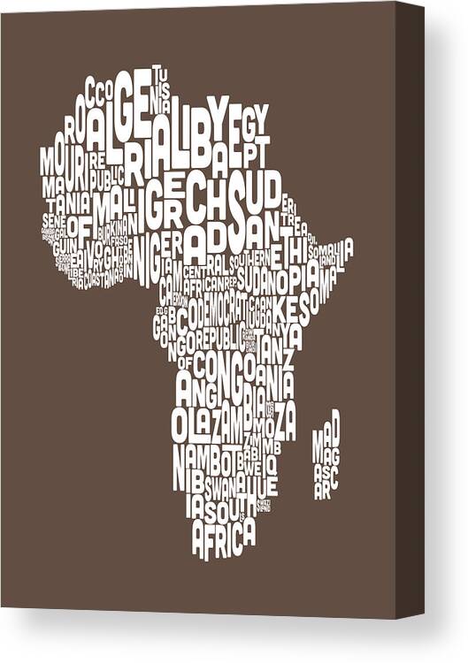 Africa Map Canvas Print featuring the digital art Map of Africa Map Text Art #3 by Michael Tompsett