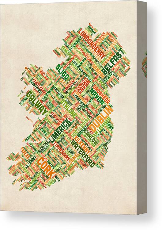 Ireland Map Canvas Print featuring the digital art Ireland Eire City Text map by Michael Tompsett