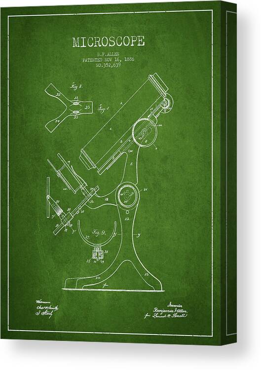Microscope Canvas Print featuring the digital art Microscope Patent Drawing From 1886 - Green by Aged Pixel