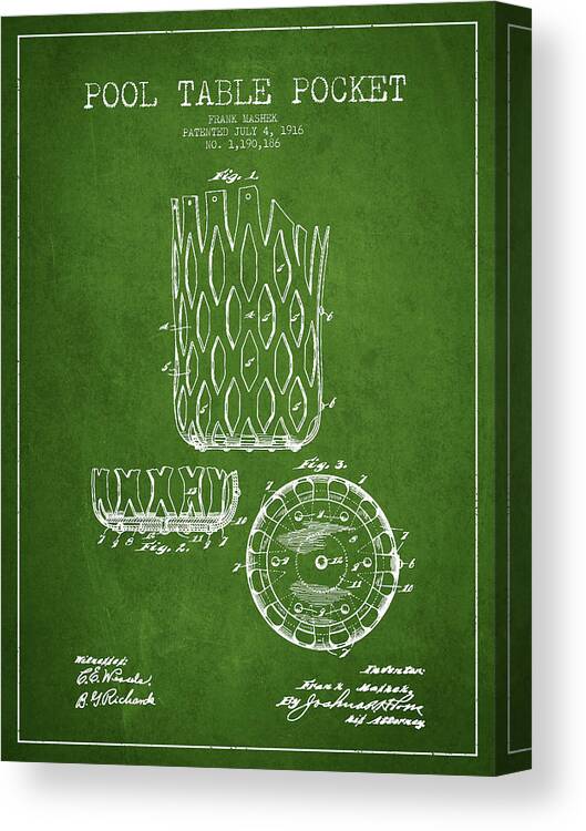 Billiard Canvas Print featuring the digital art Poll Table Pocket Patent Drawing From 1916 #4 by Aged Pixel