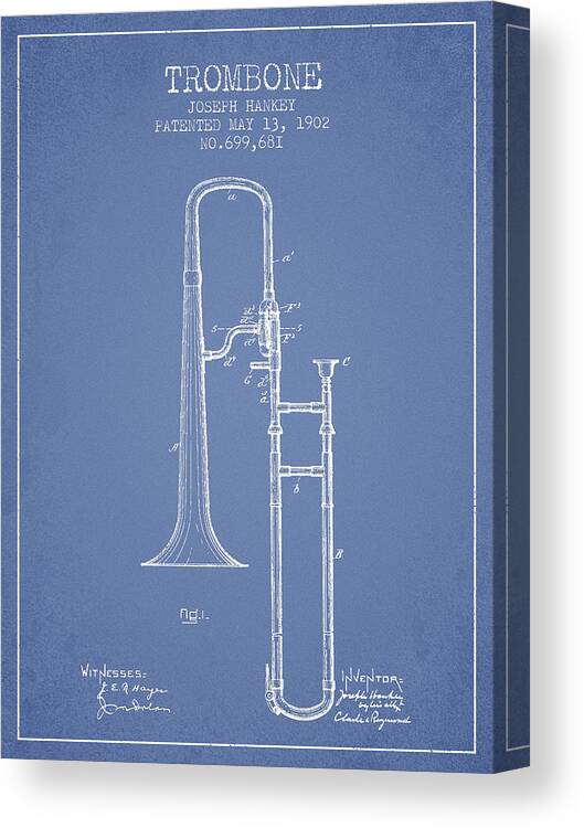 Trombone Canvas Print featuring the digital art Trombone Patent from 1902 - Light Blue by Aged Pixel