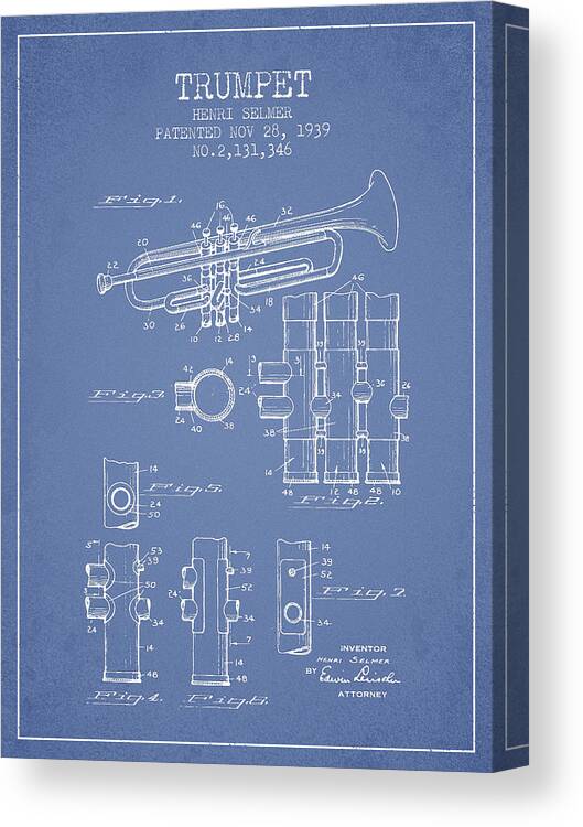Trumpet Canvas Print featuring the digital art Trumpet Patent from 1939 - Light Blue by Aged Pixel