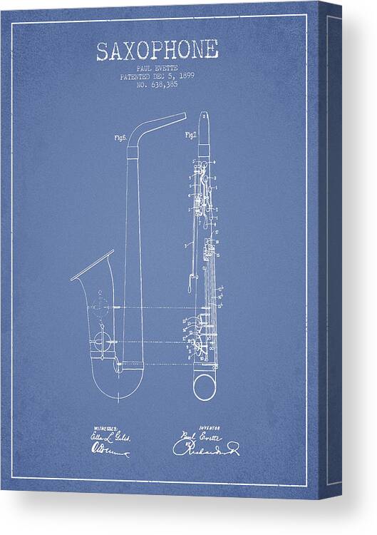 Saxophone Canvas Print featuring the digital art Saxophone Patent Drawing From 1899 - Light Blue by Aged Pixel