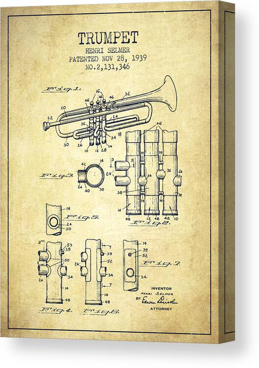 Trumpet Canvas Print featuring the digital art Trumpet Patent from 1939 - Vintage by Aged Pixel