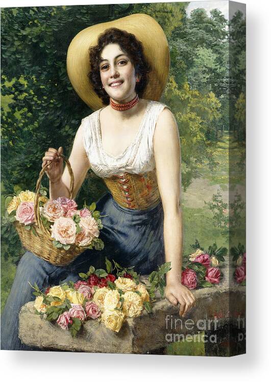 Hat Canvas Print featuring the painting A Beauty holding a Basket of Roses by Gaetano Bellei