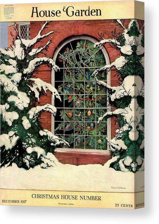 Illustration Canvas Print featuring the photograph A House And Garden Cover Of A Christmas Tree by Ethel Franklin Betts Baines
