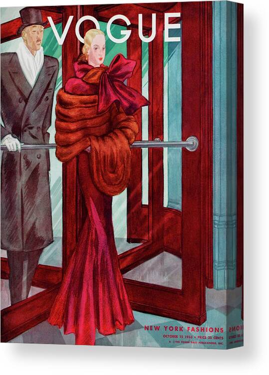 Illustration Canvas Print featuring the photograph A Vogue Cover Of A Couple In A Revolving Door by Georges Lepape