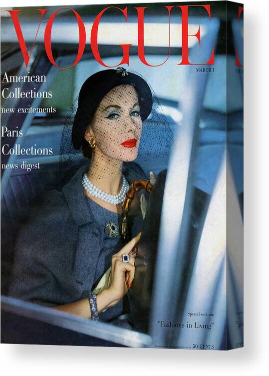 Fashion Canvas Print featuring the photograph A Vogue Cover Of Joan Friedman In A Car by Clifford Coffin