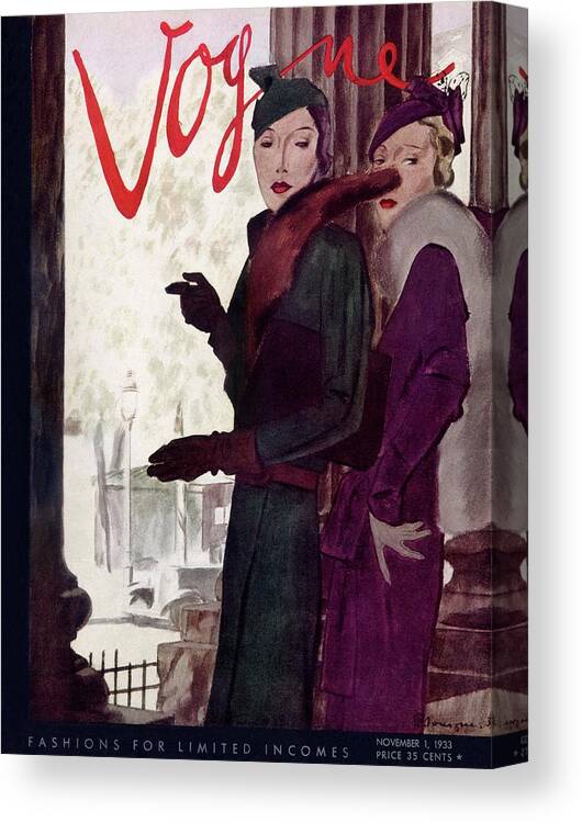 Illustration Canvas Print featuring the photograph A Vogue Cover Of Women Wearing Coats by Pierre Mourgue
