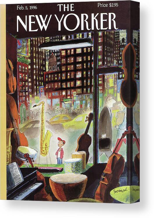 The Boy Who Wanted To Be President Canvas Print featuring the painting A Young Boy Admires A Saxophone by Jean-Jacques Sempe