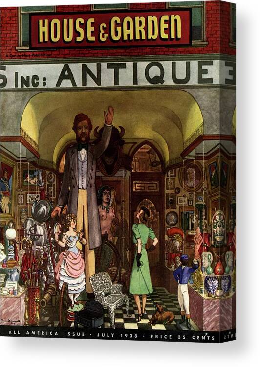House And Garden Canvas Print featuring the photograph A Young Matron In Front Of A Antique Store by Pierre Brissaud