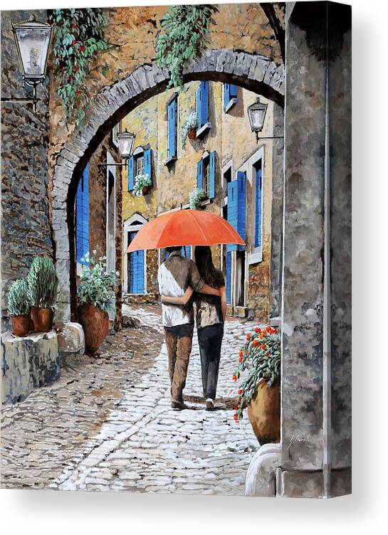 Street Scene Canvas Print featuring the painting Teneramente Abbracciati Sotto L'ombrello by Guido Borelli