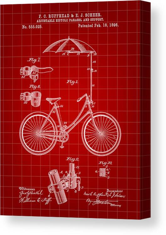 Bike Canvas Print featuring the digital art Adjustable Bike Patent 1896 - Red #1 by Stephen Younts