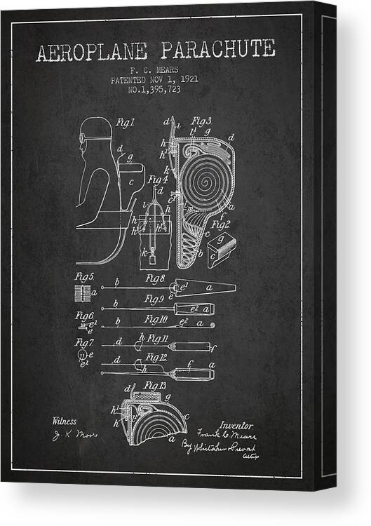 Parachute Canvas Print featuring the digital art Aeroplane Parachute patent from 1921 - Charcoal by Aged Pixel