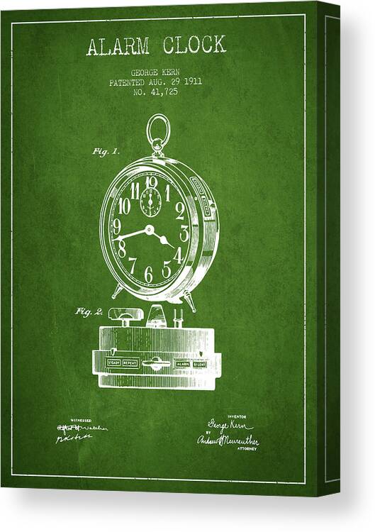 Alarm Clock Canvas Print featuring the digital art Alarm Clock Patent from 1911 - Green by Aged Pixel