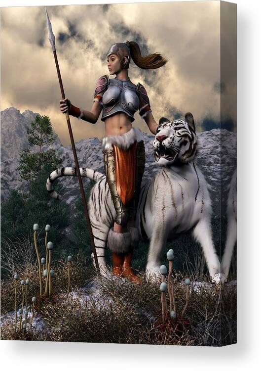 Warrior Girl Canvas Print featuring the digital art Amazon and White Tiger by Kaylee Mason