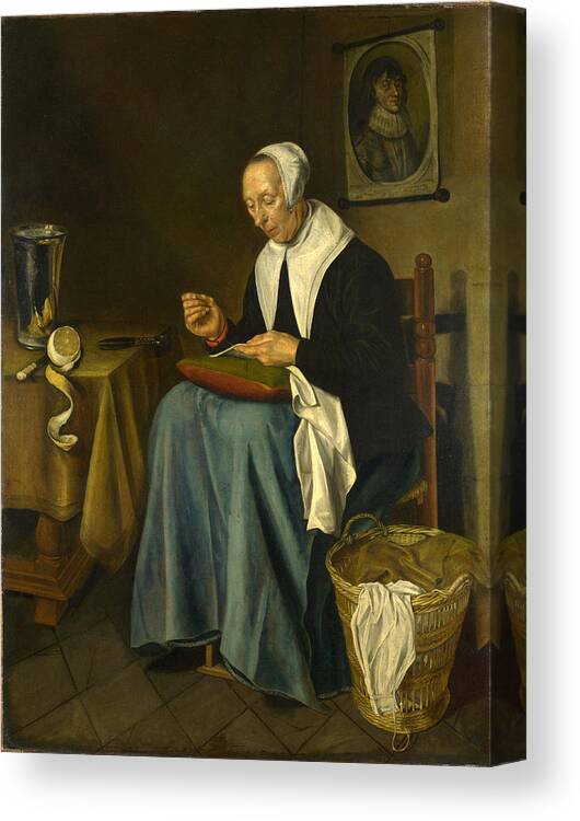 Johannes Van Der Aack Canvas Print featuring the painting An Old Woman seated sewing by Johannes van der Aack