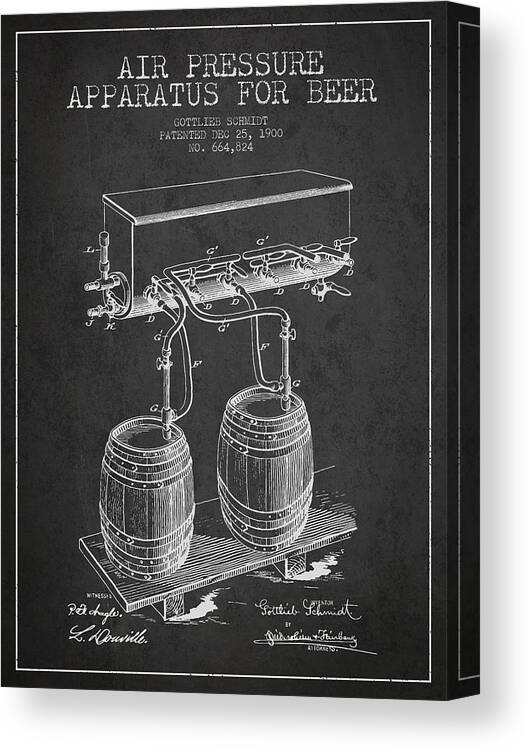 Beer Keg Canvas Print featuring the digital art Apparatus for Beer Patent from 1900 - Dark by Aged Pixel