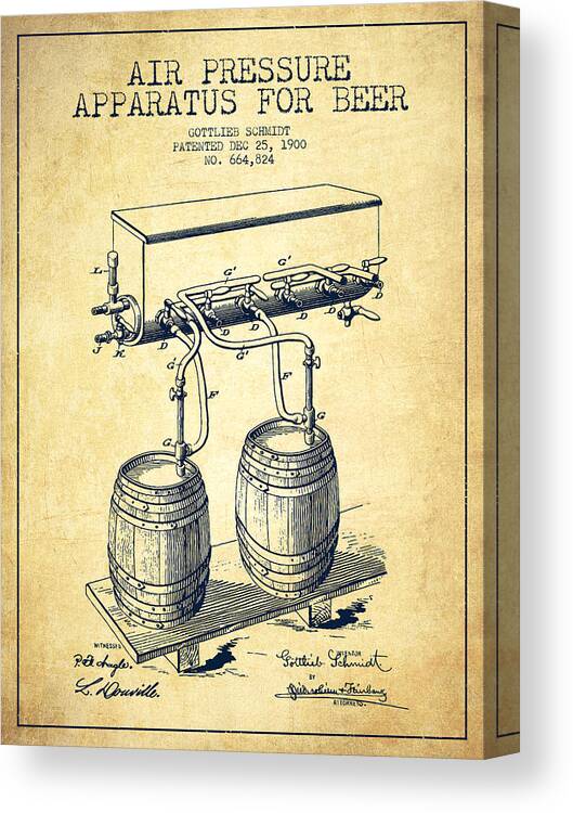 Beer Keg Canvas Print featuring the digital art Apparatus for Beer Patent from 1900 - Vintage by Aged Pixel