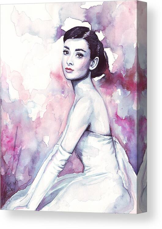 Fashion Watercolor Canvas Print featuring the painting Audrey Hepburn Portrait #4 by Olga Shvartsur