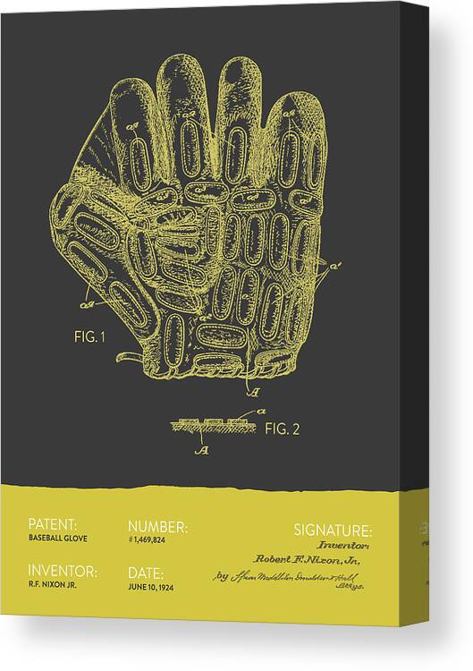 Baseball Canvas Print featuring the digital art Baseball Glove Patent From 1924 - Gray Yellow by Aged Pixel